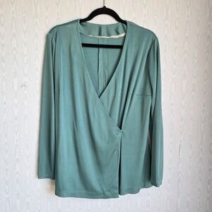 Vtg 70s Wrap Top L/XL Handmade Stretch‎ Satin Long Sleeve Forest Green Holiday